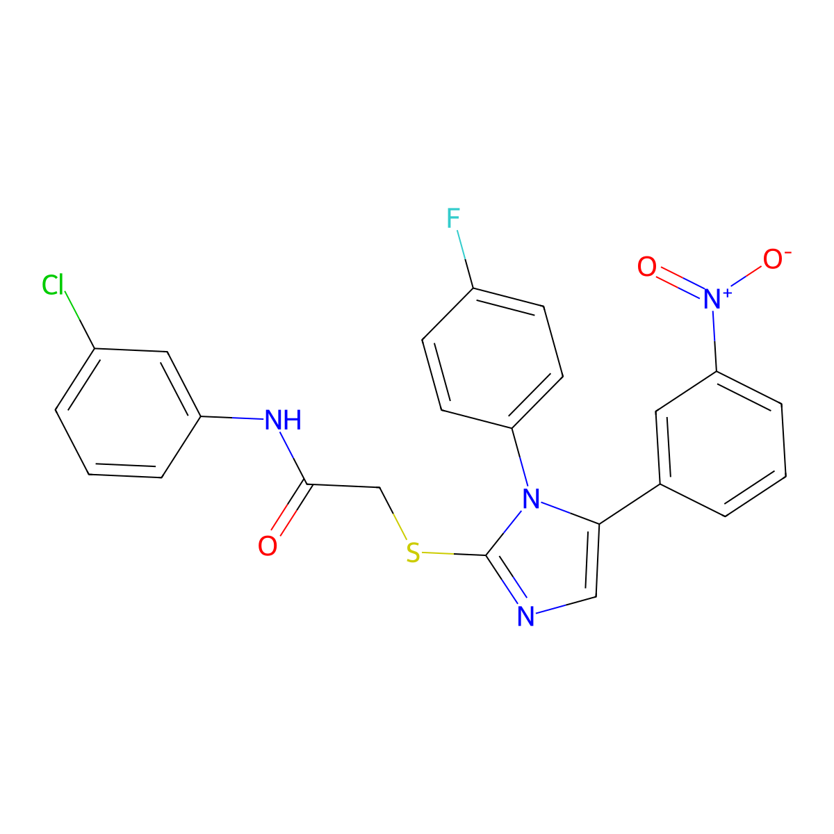 N-(3-chlorophenyl)-2-((1-(4-fluorophenyl)-5-(3-nitrophenyl)-1H-imidazol-2-yl)thio)acetamide molecular structure, CAS 1235074-38-0