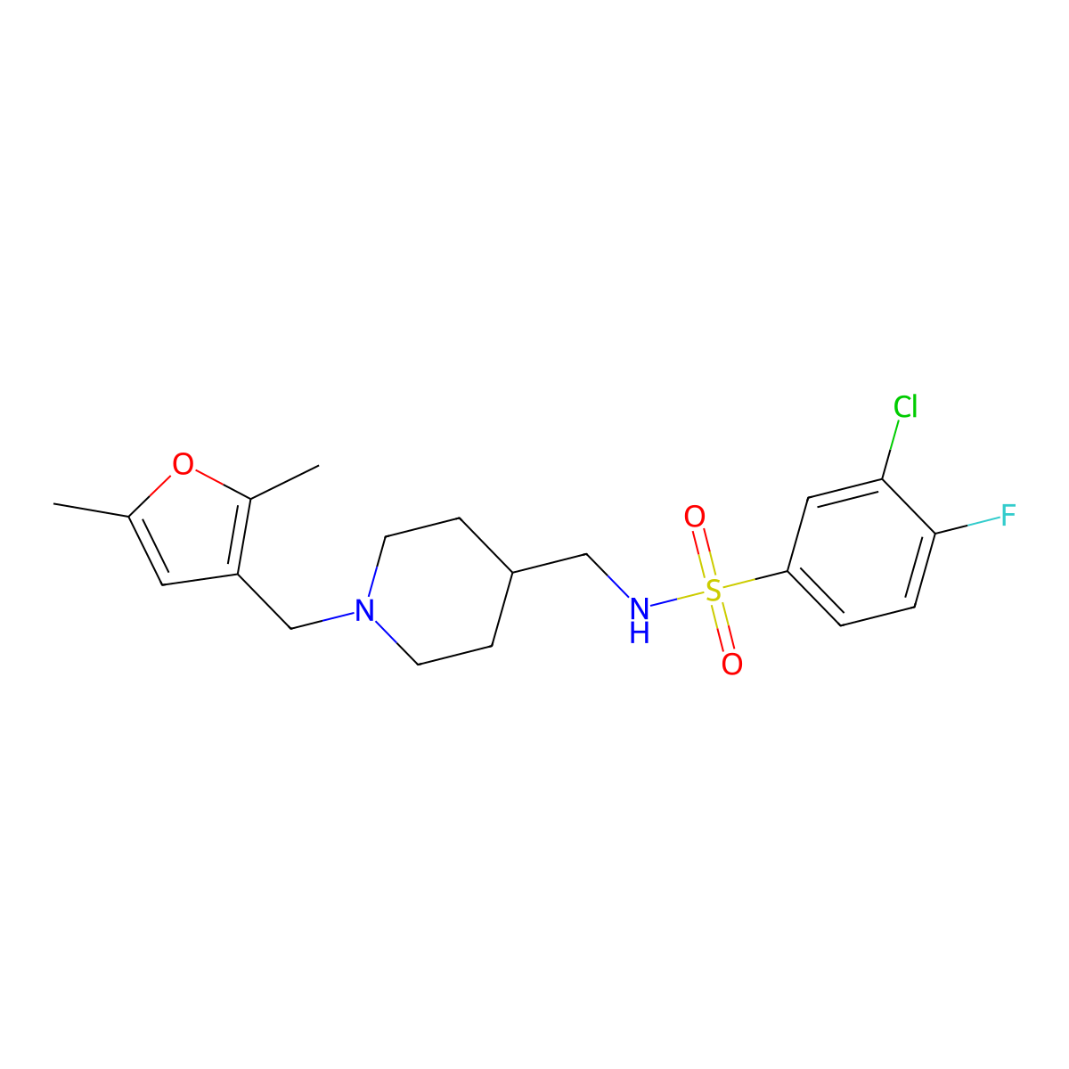 3-chloro-N-((1-((2,5-dimethylfuran-3-yl)methyl)piperidin-4-yl)methyl)-4-fluorobenzenesulfonamide molecular structure, CAS 1235074-45-9