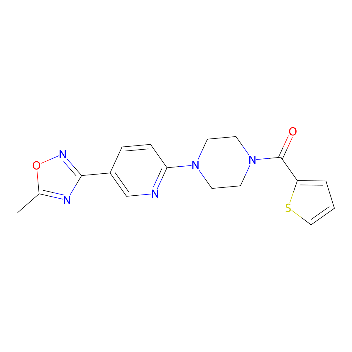 (4-(5-(5-Methyl-1,2,4-oxadiazol-3-yl)pyridin-2-yl)piperazin-1-yl)(thiophen-2-yl)methanone molecular structure, CAS 1235076-06-8