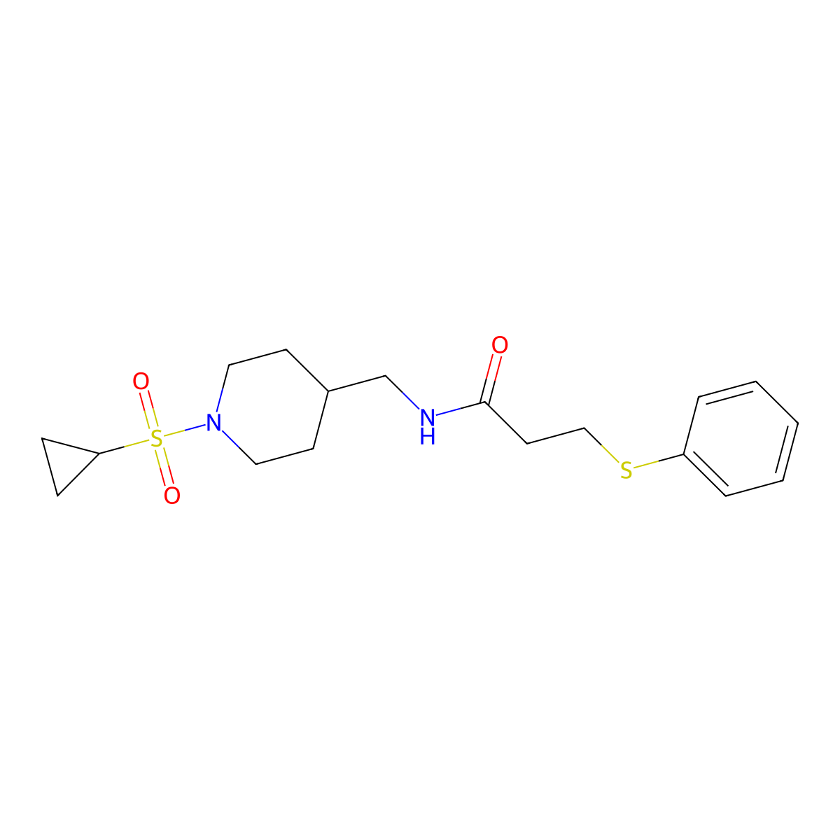 N-((1-(cyclopropylsulfonyl)piperidin-4-yl)methyl)-3-(phenylthio)propanamide molecular structure, CAS 1235076-60-4