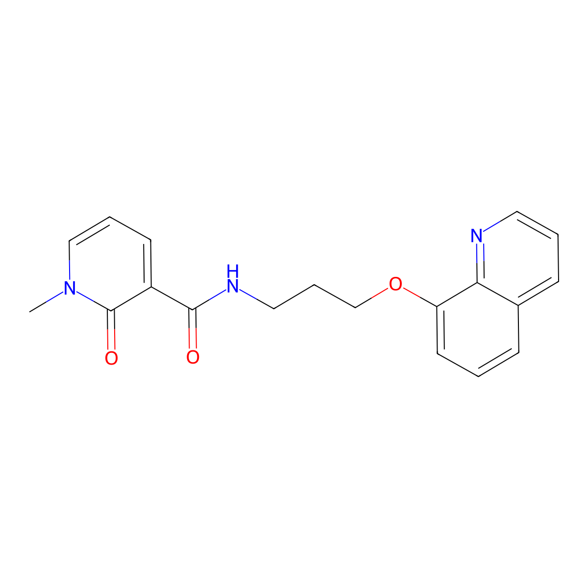 1-methyl-2-oxo-N-[3-(quinolin-8-yloxy)propyl]-1,2-dihydropyridine-3-carboxamide molecular structure, CAS 1235079-03-4