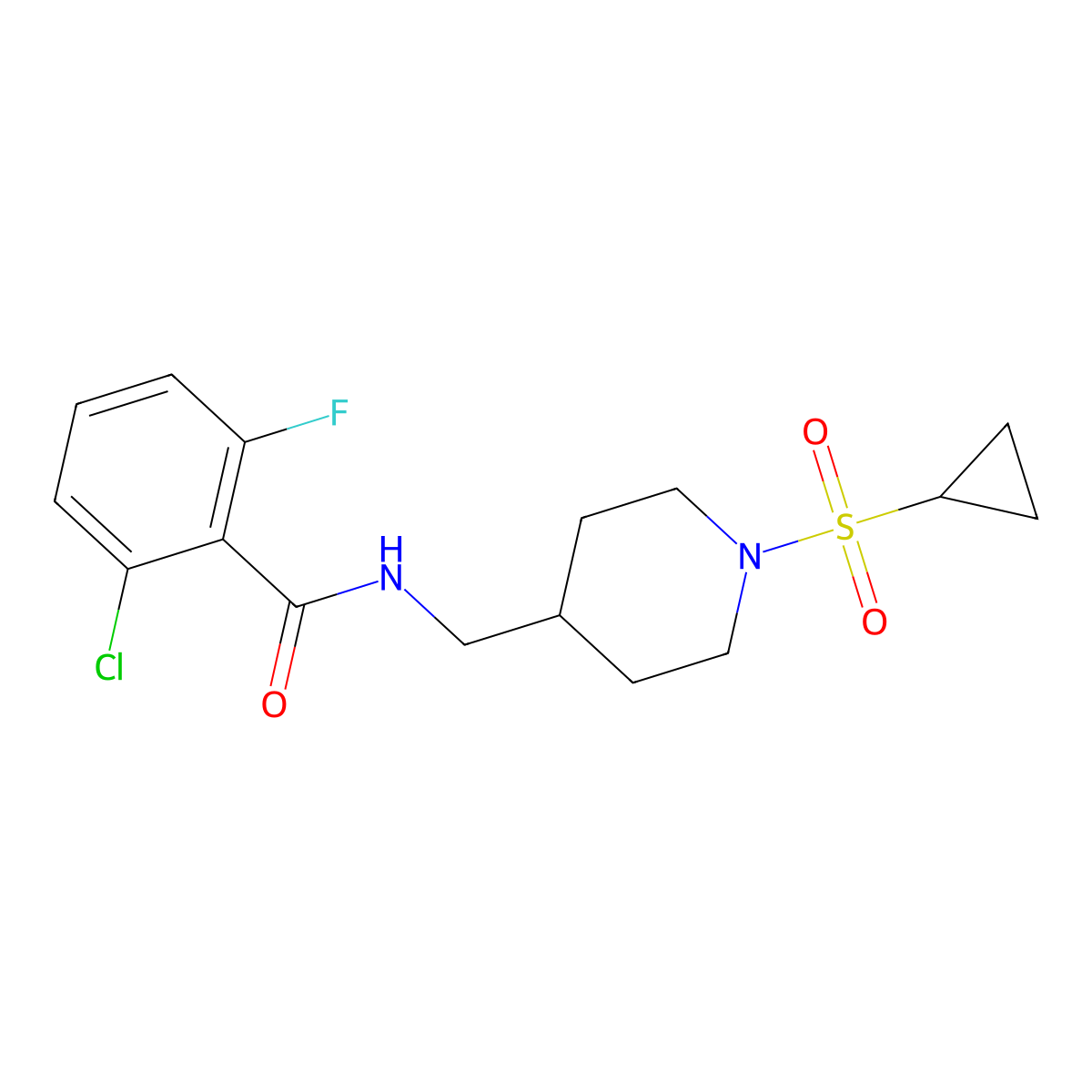 2-chloro-N-((1-(cyclopropylsulfonyl)piperidin-4-yl)methyl)-6-fluorobenzamide molecular structure, CAS 1235079-29-4