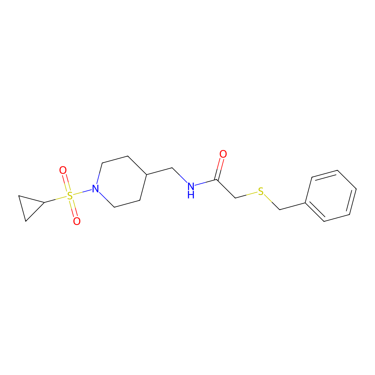 2-(benzylthio)-N-((1-(cyclopropylsulfonyl)piperidin-4-yl)methyl)acetamide molecular structure, CAS 1235080-33-7