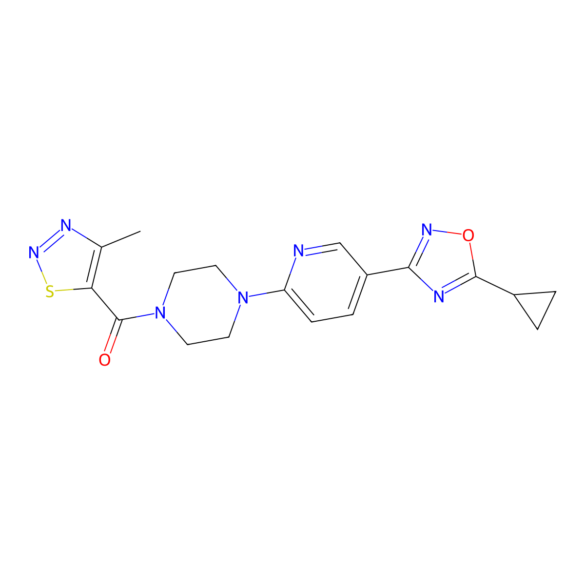 (4-(5-(5-Cyclopropyl-1,2,4-oxadiazol-3-yl)pyridin-2-yl)piperazin-1-yl)(4-methyl-1,2,3-thiadiazol-5-yl)methanone molecular structure, CAS 1235080-43-9