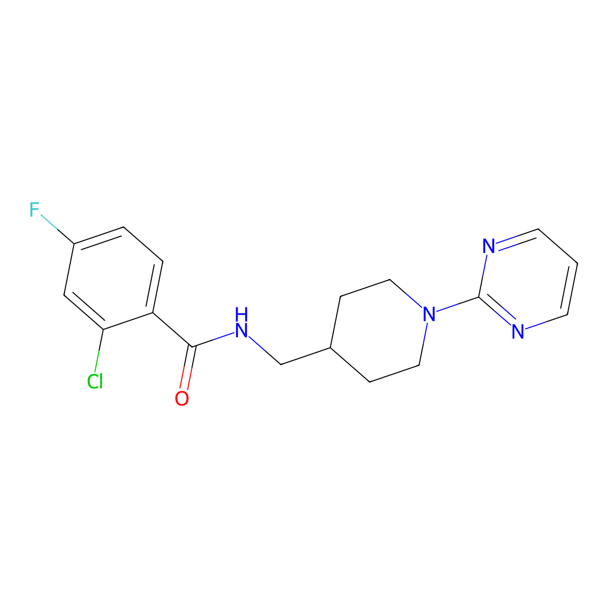 2-chloro-4-fluoro-N-{[1-(pyrimidin-2-yl)piperidin-4-yl]methyl}benzamide molecular structure, CAS 1235081-34-1