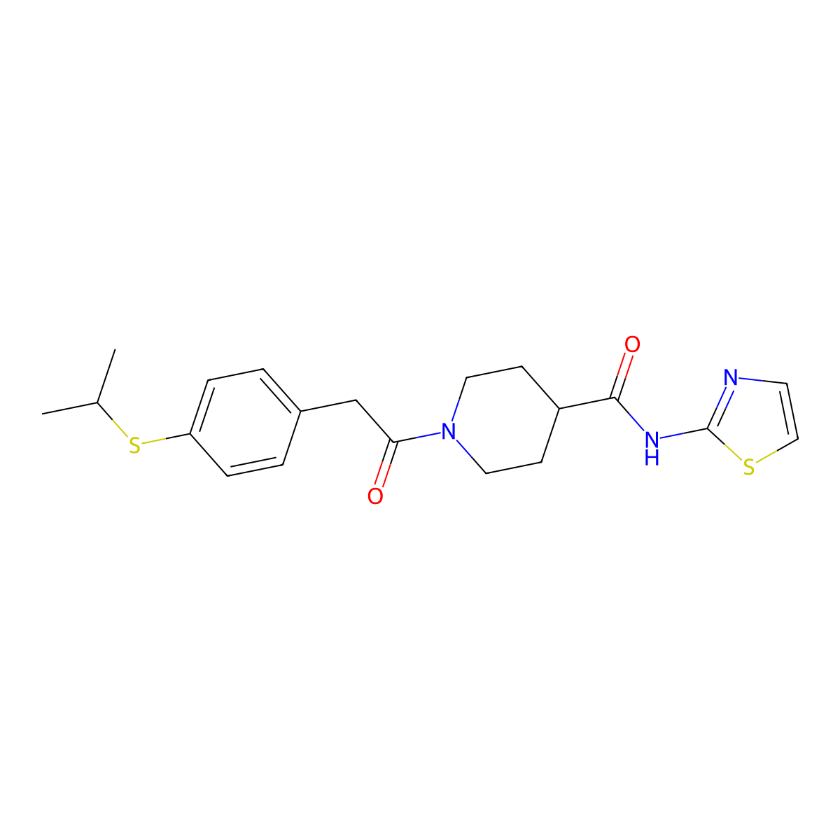 1-{2-[4-(propan-2-ylsulfanyl)phenyl]acetyl}-N-(1,3-thiazol-2-yl)piperidine-4-carboxamide molecular structure, CAS 1235081-78-3