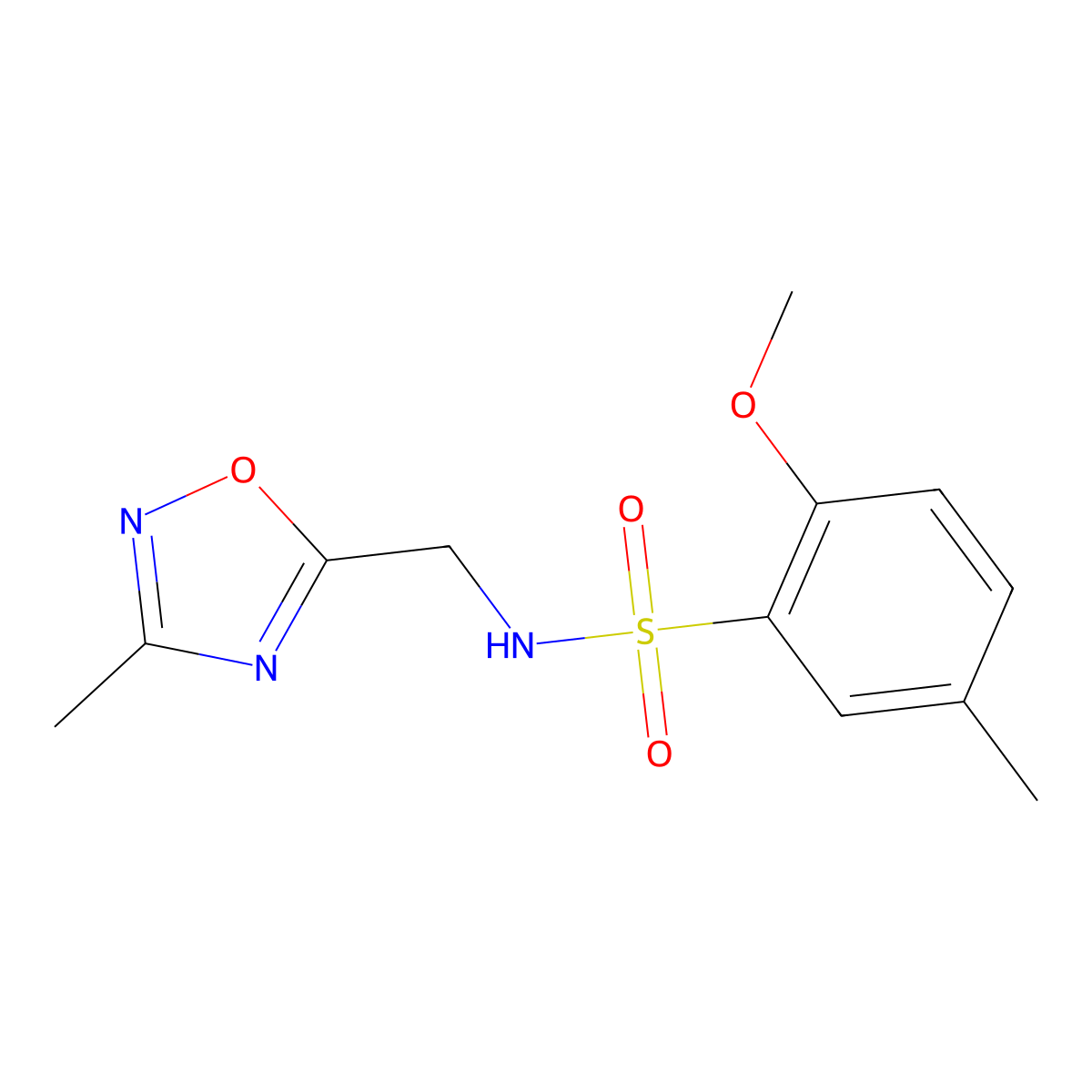 2-methoxy-5-methyl-N-((3-methyl-1,2,4-oxadiazol-5-yl)methyl)benzenesulfonamide molecular structure, CAS 1235082-50-4