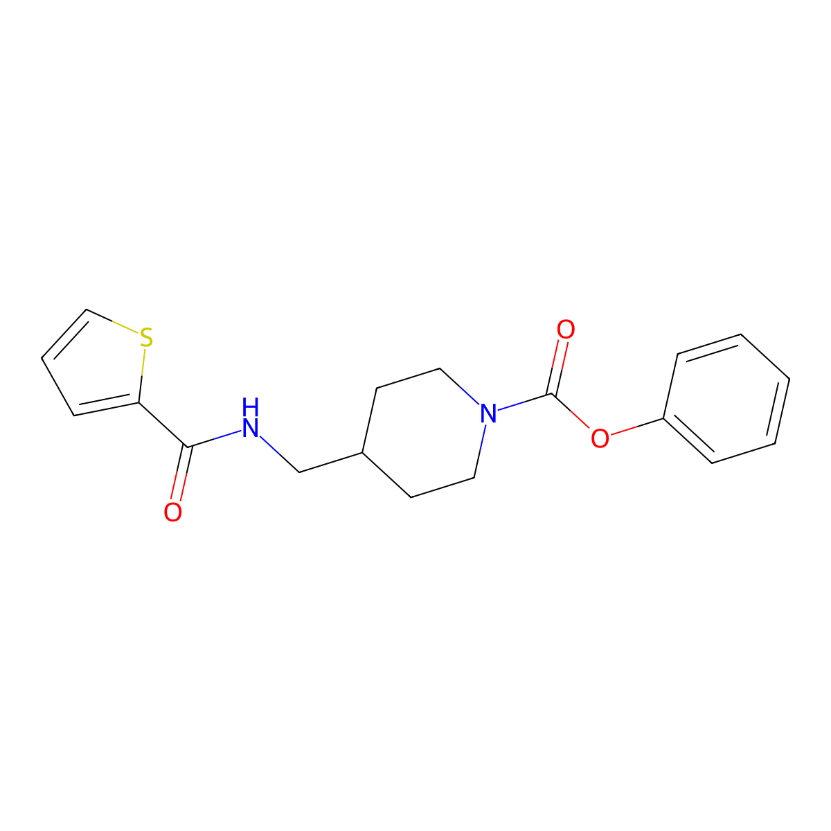 Phenyl 4-((thiophene-2-carboxamido)methyl)piperidine-1-carboxylate molecular structure, CAS 1235084-38-4
