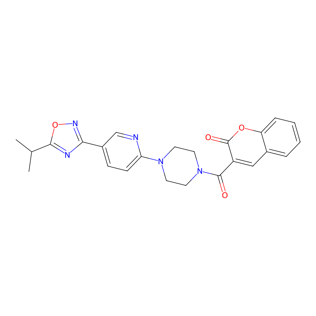 3-(4-(5-(5-isopropyl-1,2,4-oxadiazol-3-yl)pyridin-2-yl)piperazine-1-carbonyl)-2H-chromen-2-one molecular structure, CAS 1235085-10-5