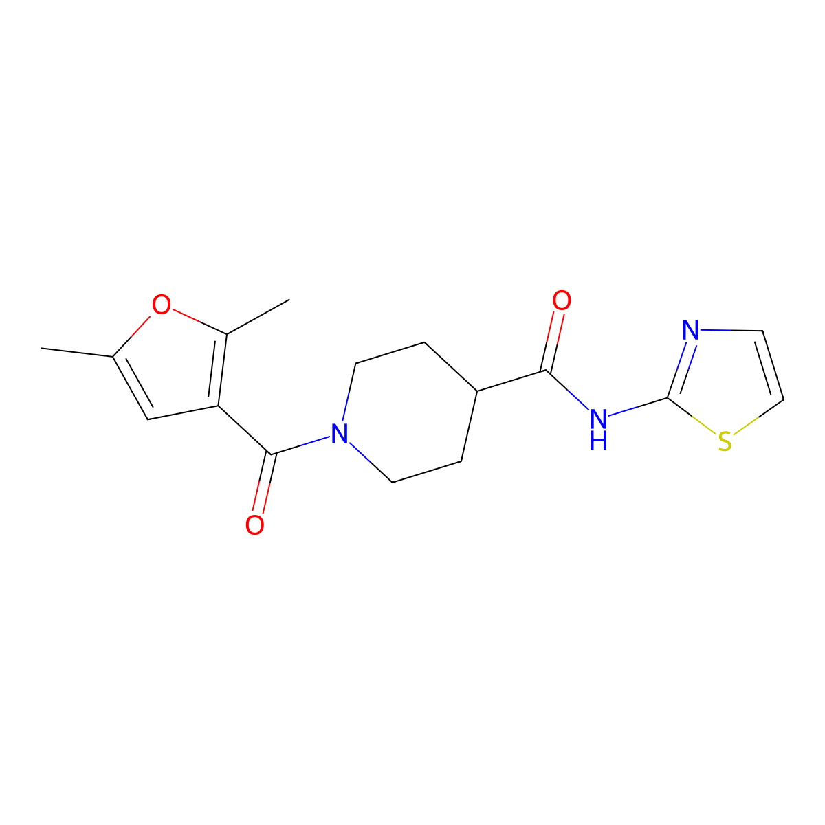 1-(2,5-dimethylfuran-3-carbonyl)-N-(thiazol-2-yl)piperidine-4-carboxamide molecular structure, CAS 1235086-36-8