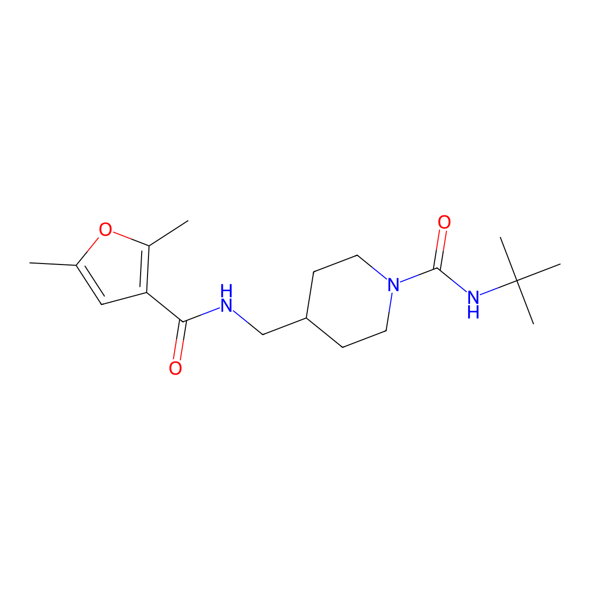 N-(tert-butyl)-4-((2,5-dimethylfuran-3-carboxamido)methyl)piperidine-1-carboxamide molecular structure, CAS 1235089-06-1