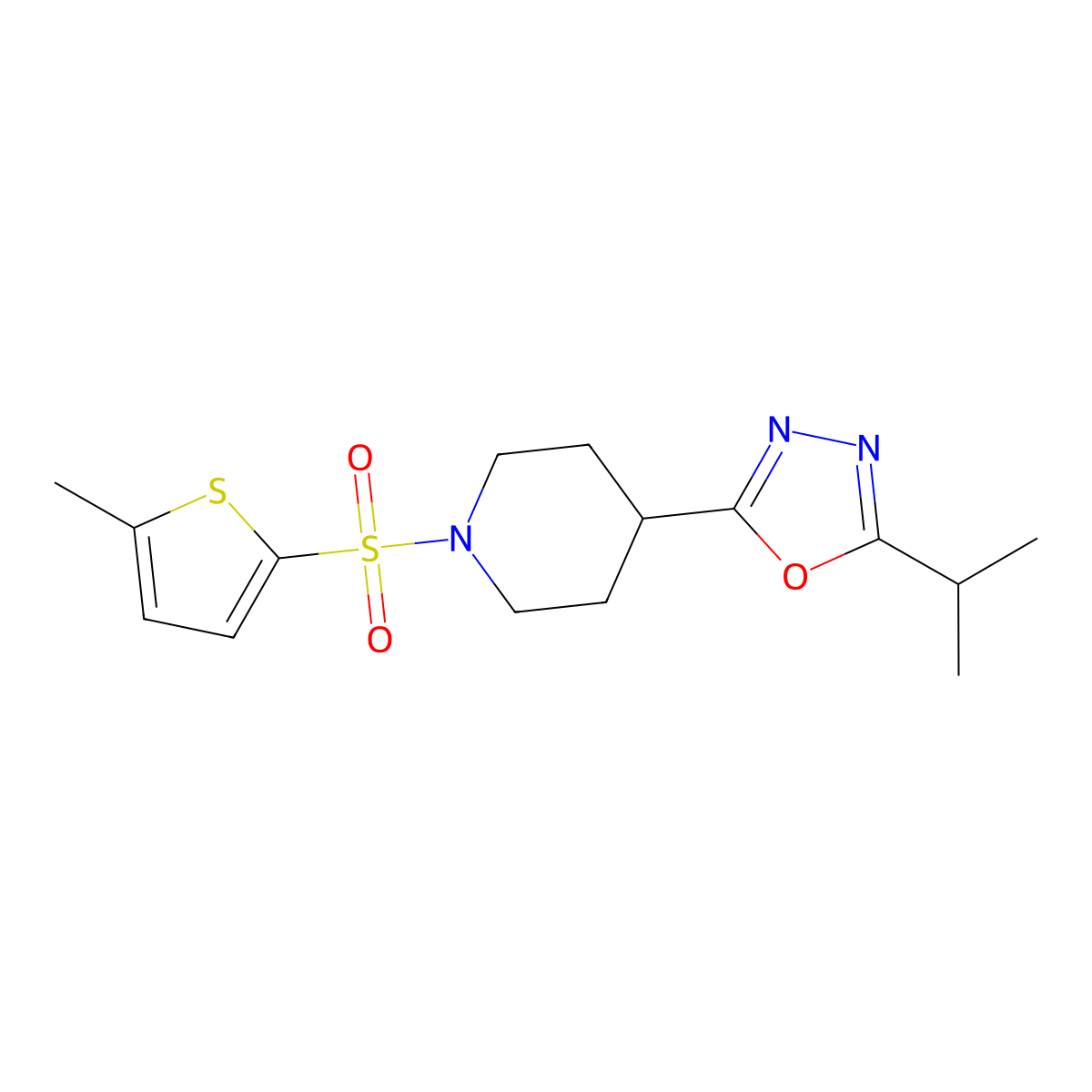 2-Isopropyl-5-(1-((5-methylthiophen-2-yl)sulfonyl)piperidin-4-yl)-1,3,4-oxadiazole molecular structure, CAS 1235090-37-5