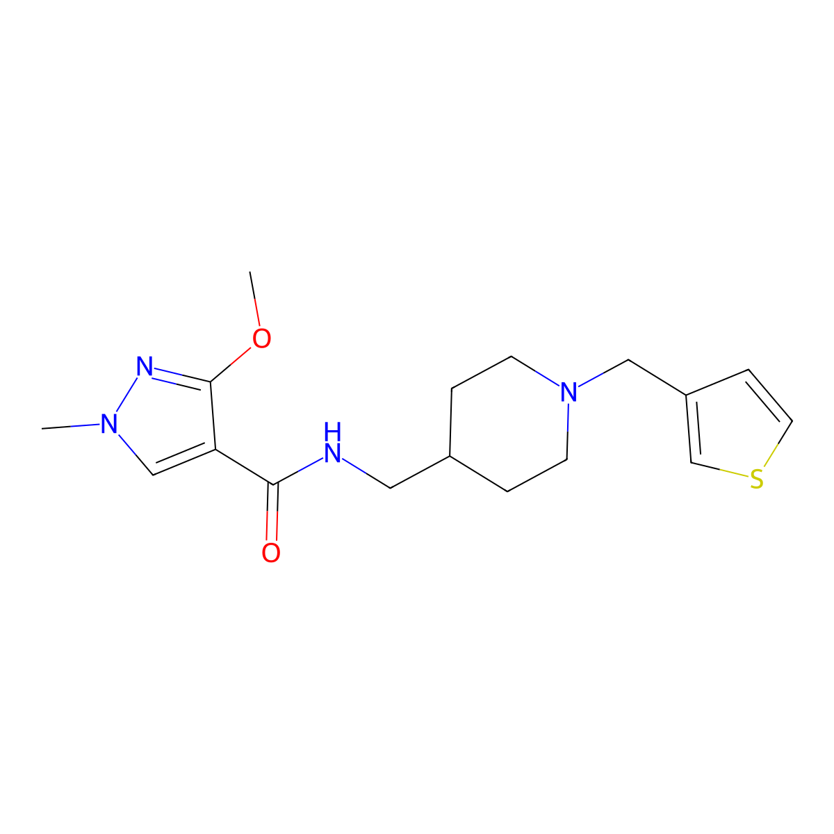 3-methoxy-1-methyl-N-((1-(thiophen-3-ylmethyl)piperidin-4-yl)methyl)-1H-pyrazole-4-carboxamide molecular structure, CAS 1235090-82-0