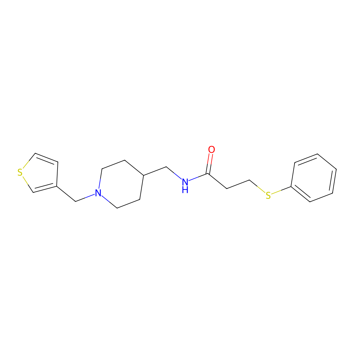 3-(phenylthio)-N-((1-(thiophen-3-ylmethyl)piperidin-4-yl)methyl)propanamide molecular structure, CAS 1235091-18-5