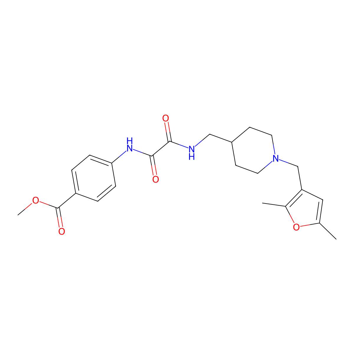 Methyl 4-(2-(((1-((2,5-dimethylfuran-3-yl)methyl)piperidin-4-yl)methyl)amino)-2-oxoacetamido)benzoate molecular structure, CAS 1235091-27-6