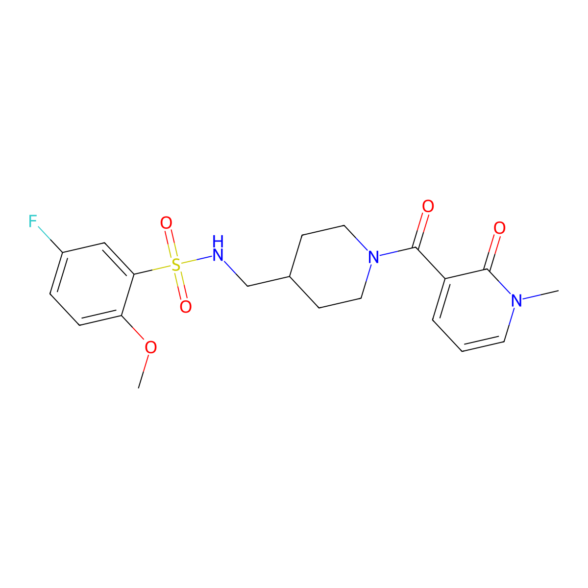 5-fluoro-2-methoxy-N-((1-(1-methyl-2-oxo-1,2-dihydropyridine-3-carbonyl)piperidin-4-yl)methyl)benzenesulfonamide molecular structure, CAS 1235092-11-1