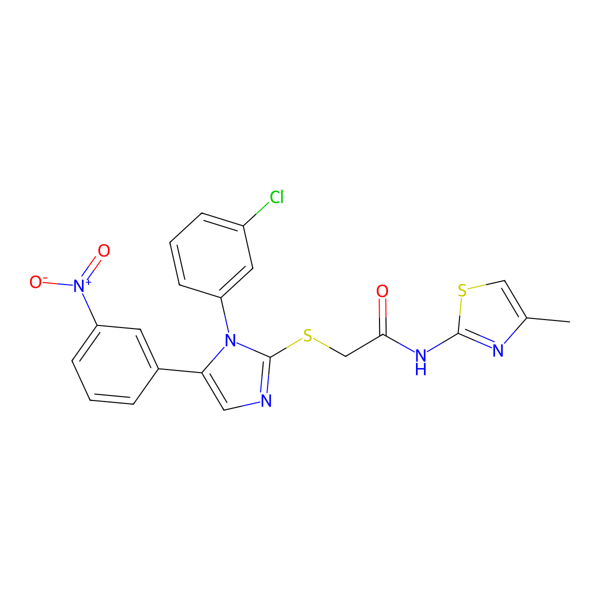 2-((1-(3-chlorophenyl)-5-(3-nitrophenyl)-1H-imidazol-2-yl)thio)-N-(4-methylthiazol-2-yl)acetamide molecular structure, CAS 1235092-40-6