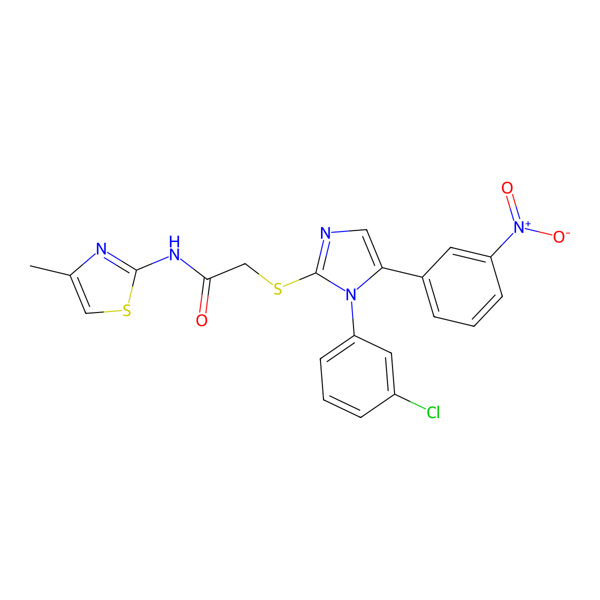 2-((1-(3-chlorophenyl)-5-(3-nitrophenyl)-1H-imidazol-2-yl)thio)-N-(4-methylthiazol-2-yl)acetamide molecular structure, CAS 1235092-40-6