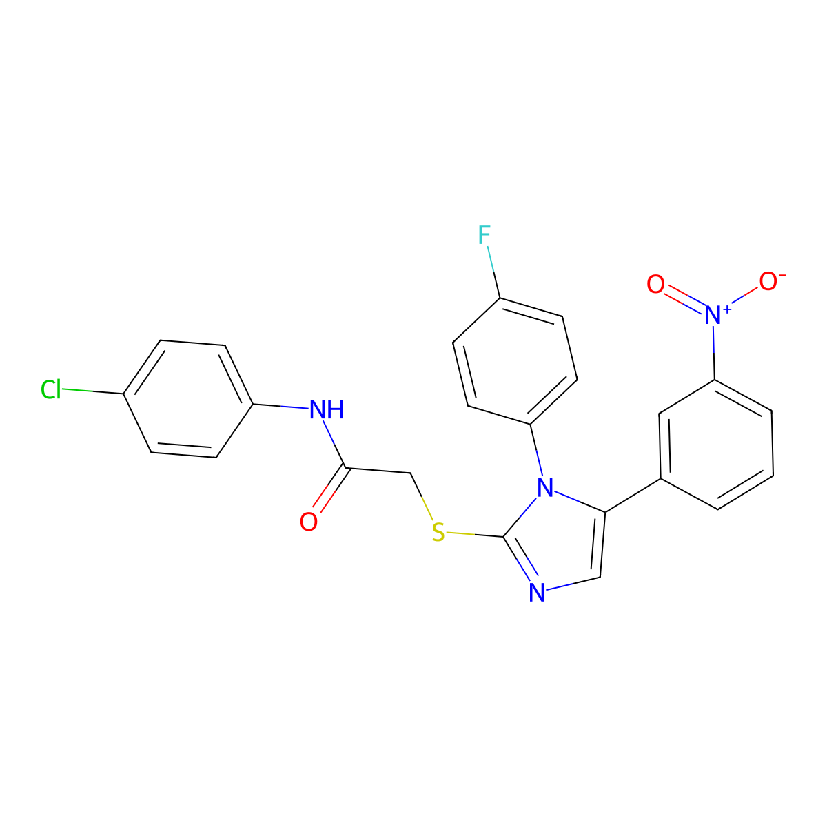 N-(4-chlorophenyl)-2-((1-(4-fluorophenyl)-5-(3-nitrophenyl)-1H-imidazol-2-yl)thio)acetamide molecular structure, CAS 1235092-43-9