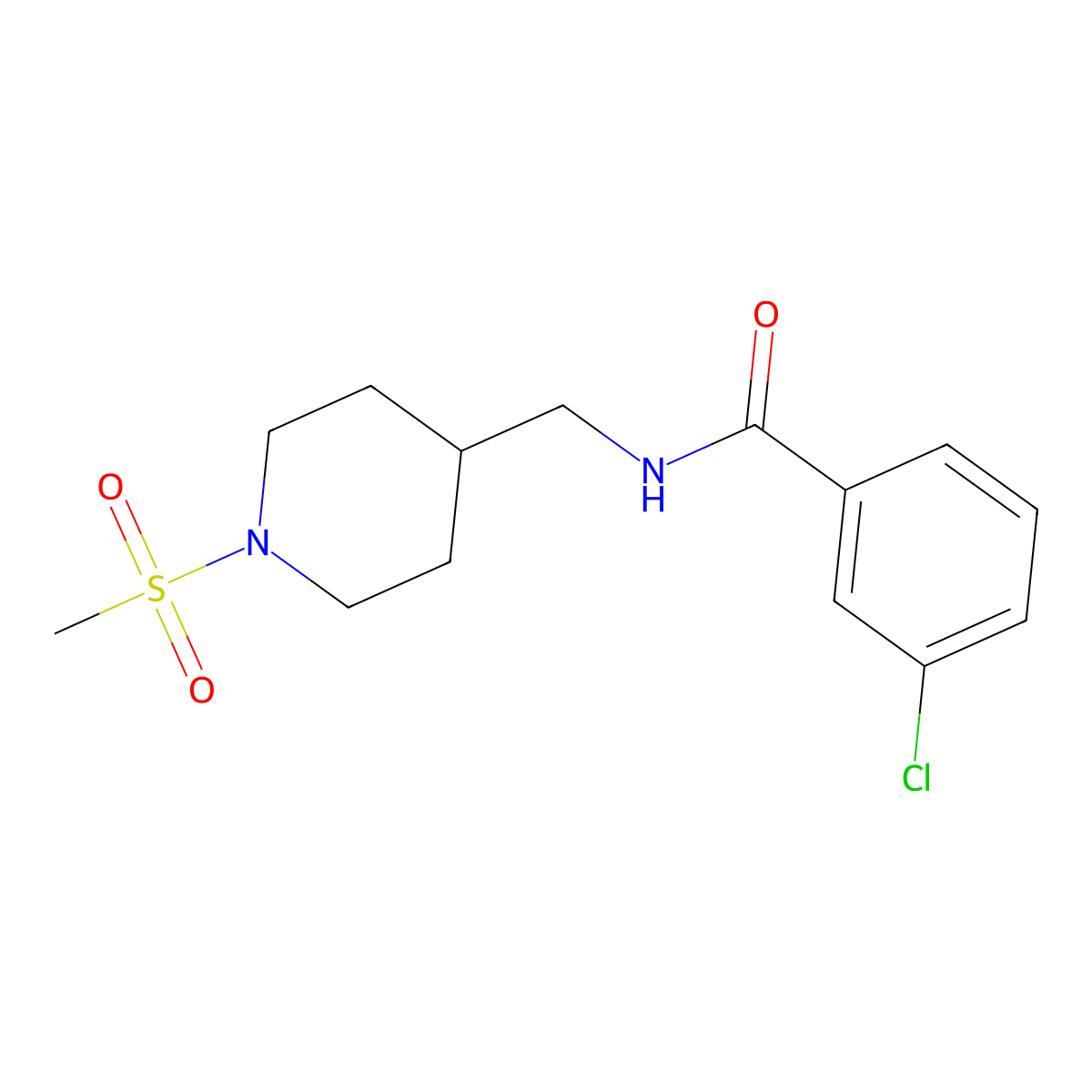 3-chloro-N-((1-(methylsulfonyl)piperidin-4-yl)methyl)benzamide molecular structure, CAS 1235093-31-8