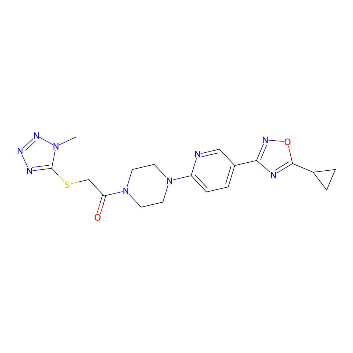 1-(4-(5-(5-cyclopropyl-1,2,4-oxadiazol-3-yl)pyridin-2-yl)piperazin-1-yl)-2-((1-methyl-1H-tetrazol-5-yl)thio)ethanone molecular structure, CAS 1235093-76-1
