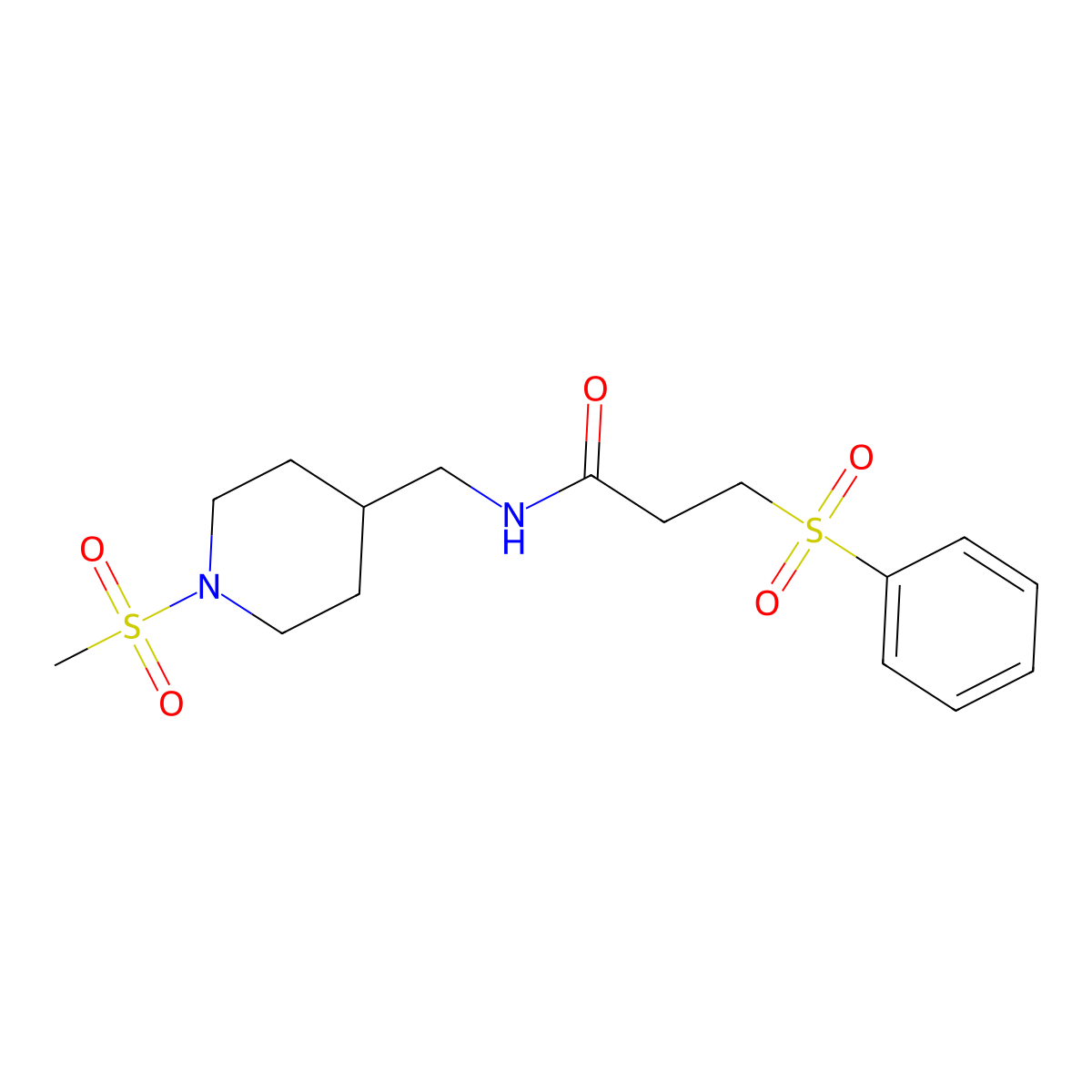 N-((1-(methylsulfonyl)piperidin-4-yl)methyl)-3-(phenylsulfonyl)propanamide molecular structure, CAS 1235095-10-9