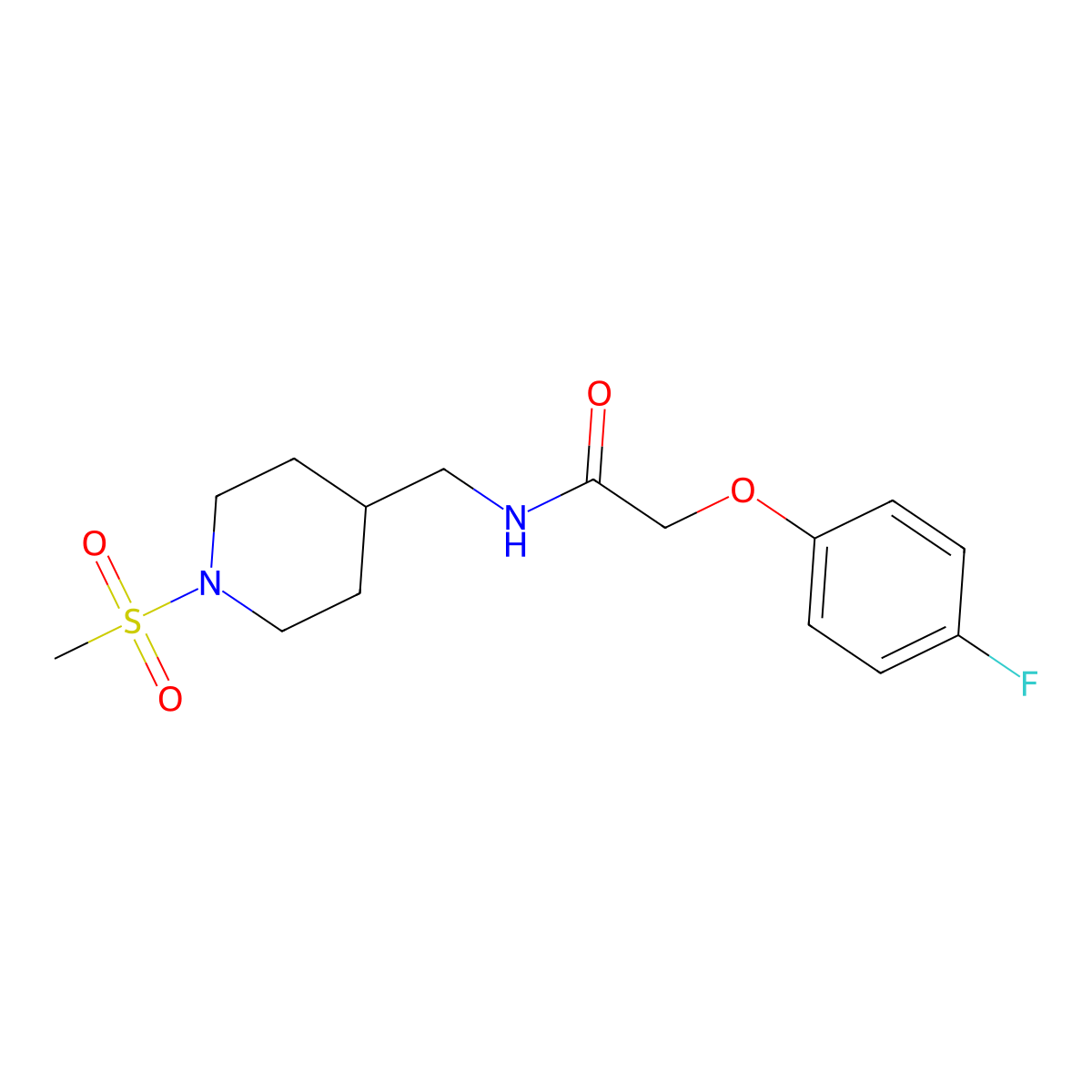 2-(4-fluorophenoxy)-N-((1-(methylsulfonyl)piperidin-4-yl)methyl)acetamide molecular structure, CAS 1235095-42-7