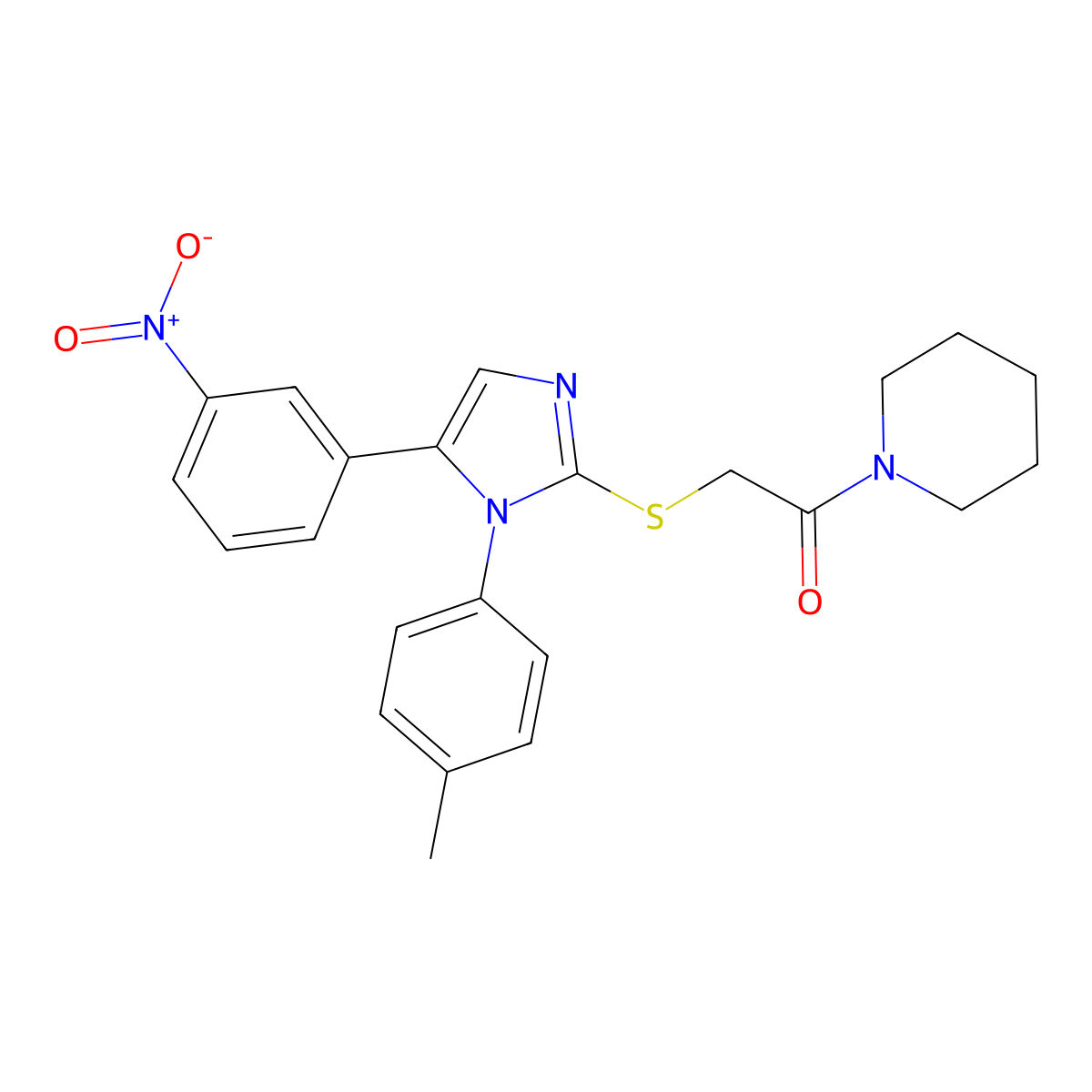 2-((5-(3-nitrophenyl)-1-(p-tolyl)-1H-imidazol-2-yl)thio)-1-(piperidin-1-yl)ethanone molecular structure, CAS 1235096-09-9