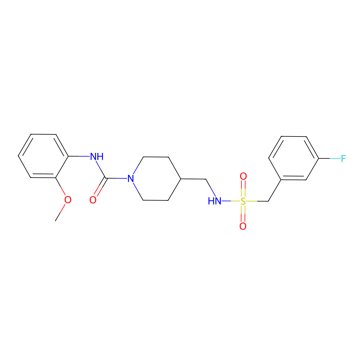 4-(((3-fluorophenyl)methylsulfonamido)methyl)-N-(2-methoxyphenyl)piperidine-1-carboxamide molecular structure, CAS 1235096-24-8