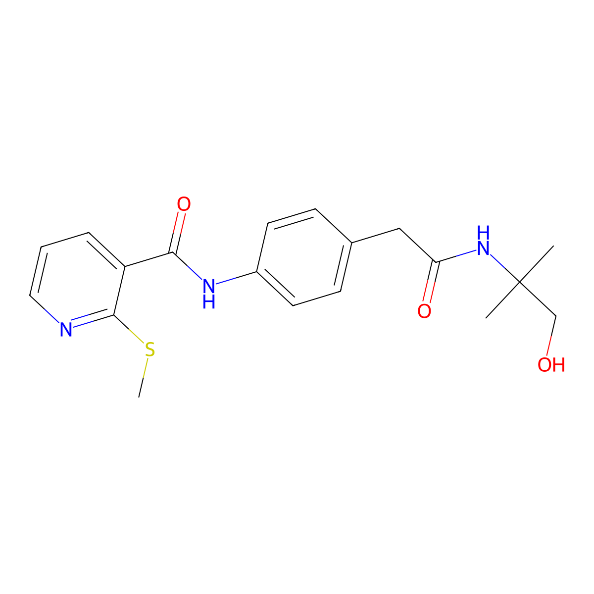 N-(4-(2-((1-hydroxy-2-methylpropan-2-yl)amino)-2-oxoethyl)phenyl)-2-(methylthio)nicotinamide molecular structure, CAS 1235098-10-8
