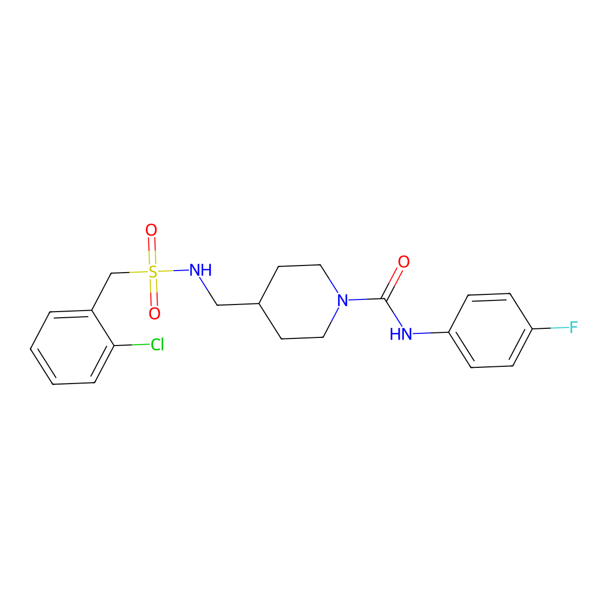 4-(((2-chlorophenyl)methylsulfonamido)methyl)-N-(4-fluorophenyl)piperidine-1-carboxamide molecular structure, CAS 1235098-46-0