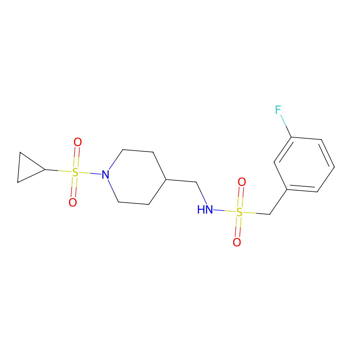 N-((1-(cyclopropylsulfonyl)piperidin-4-yl)methyl)-1-(3-fluorophenyl)methanesulfonamide molecular structure, CAS 1235101-37-7