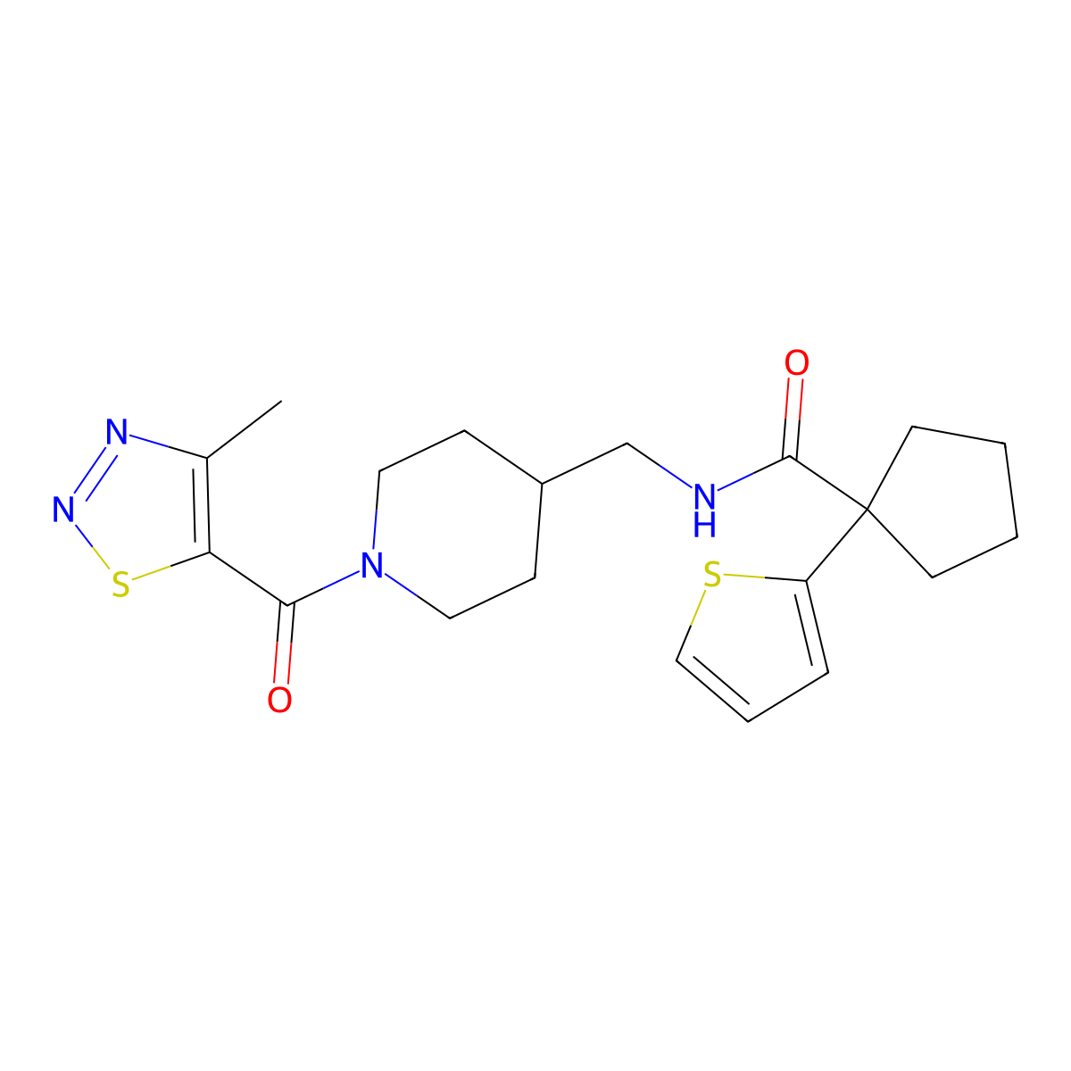 N-((1-(4-methyl-1,2,3-thiadiazole-5-carbonyl)piperidin-4-yl)methyl)-1-(thiophen-2-yl)cyclopentanecarboxamide molecular structure, CAS 1235105-27-7