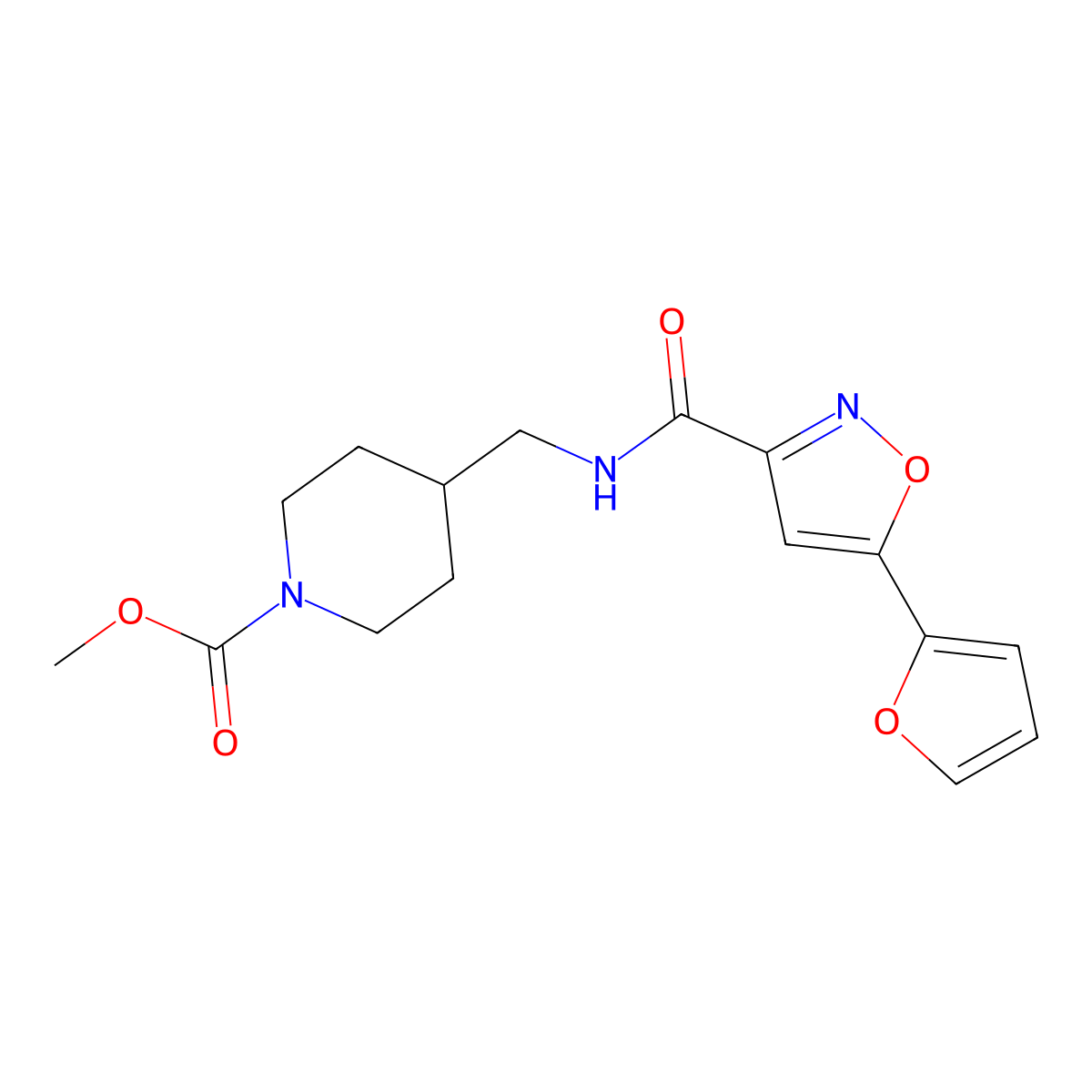 Methyl 4-((5-(furan-2-yl)isoxazole-3-carboxamido)methyl)piperidine-1-carboxylate molecular structure, CAS 1235105-74-4