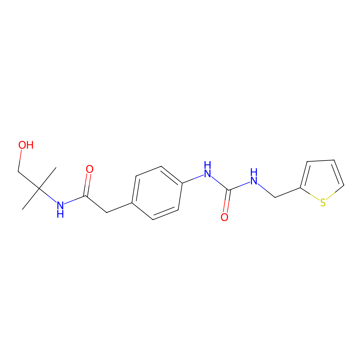 N-(1-hydroxy-2-methylpropan-2-yl)-2-(4-(3-(thiophen-2-ylmethyl)ureido)phenyl)acetamide molecular structure, CAS 1235106-03-2