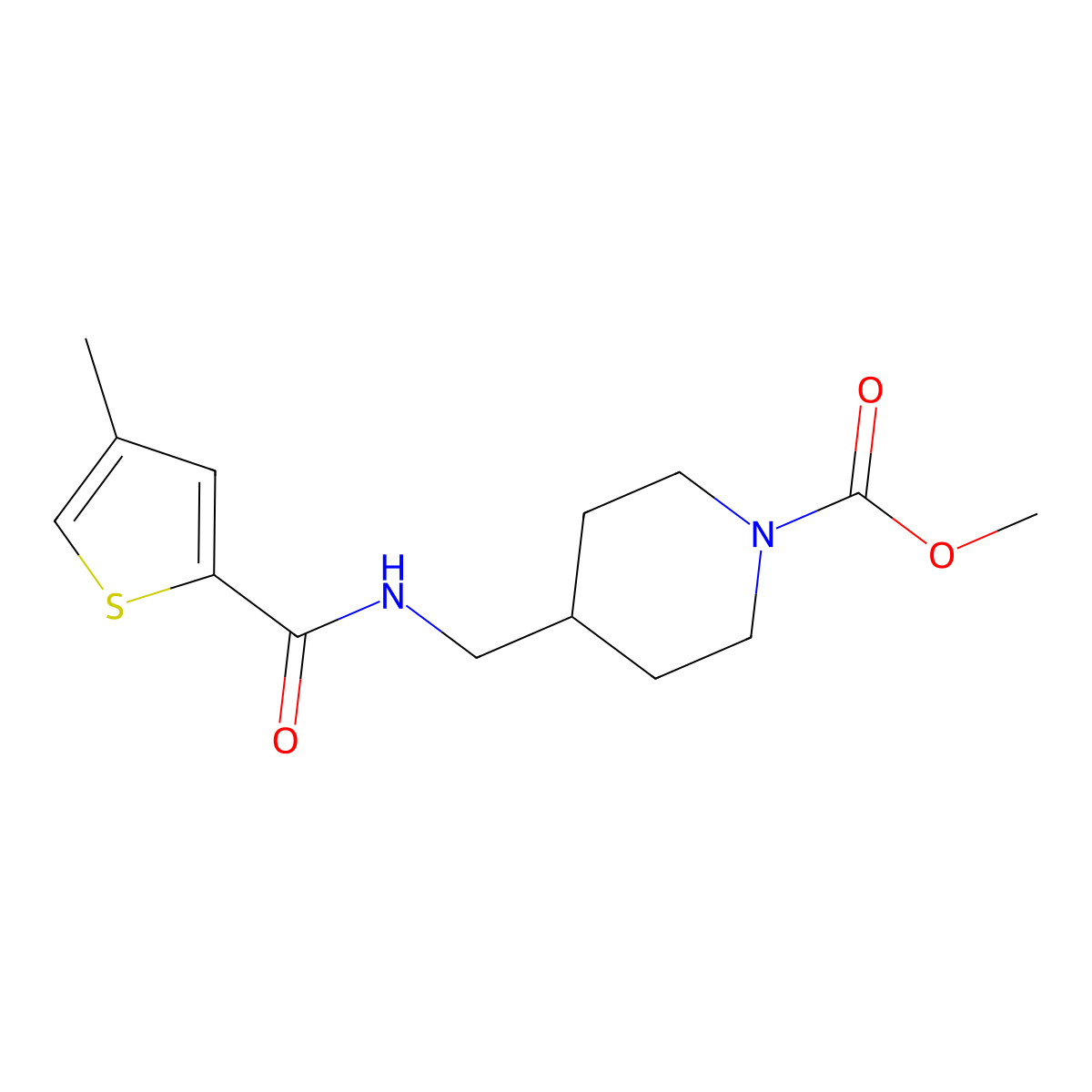 Methyl 4-((4-methylthiophene-2-carboxamido)methyl)piperidine-1-carboxylate molecular structure, CAS 1235106-90-7