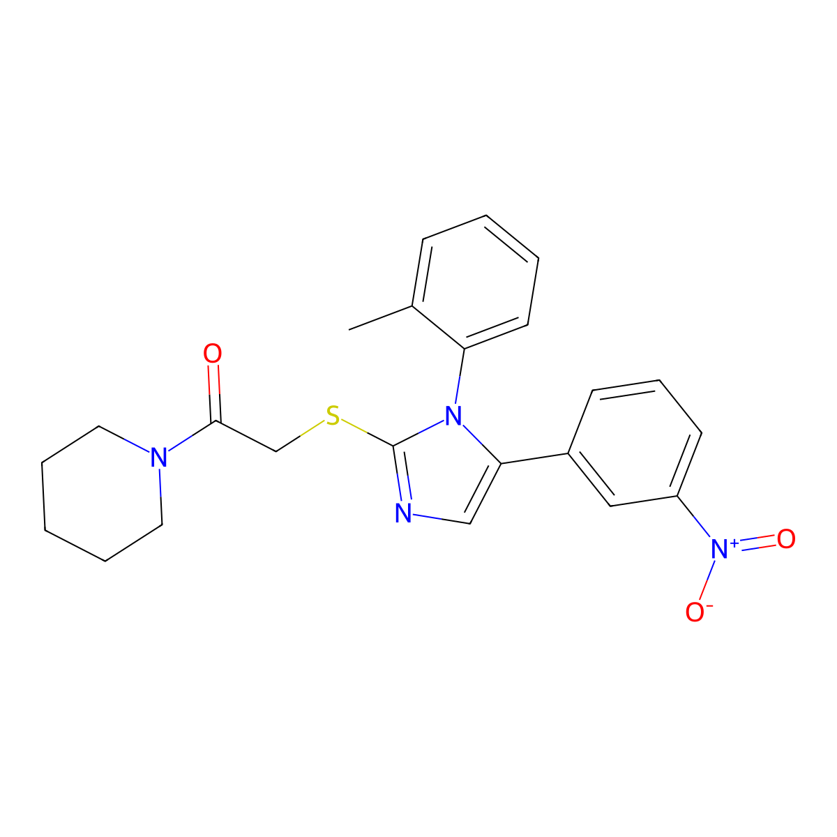 2-((5-(3-nitrophenyl)-1-(o-tolyl)-1H-imidazol-2-yl)thio)-1-(piperidin-1-yl)ethanone molecular structure, CAS 1235107-03-5