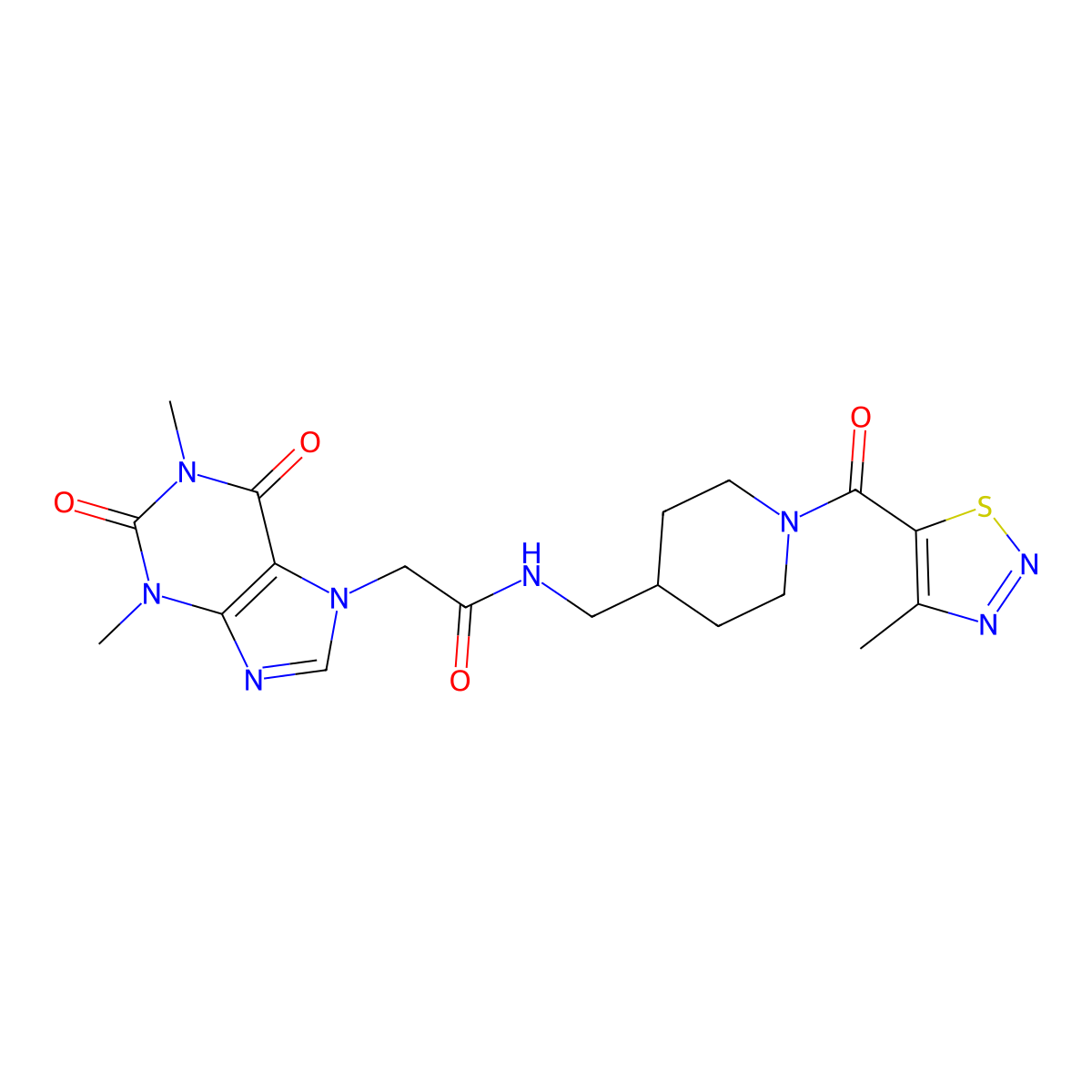 2-(1,3-dimethyl-2,6-dioxo-2,3-dihydro-1H-purin-7(6H)-yl)-N-((1-(4-methyl-1,2,3-thiadiazole-5-carbonyl)piperidin-4-yl)methyl)acetamide molecular structure, CAS 1235107-81-9