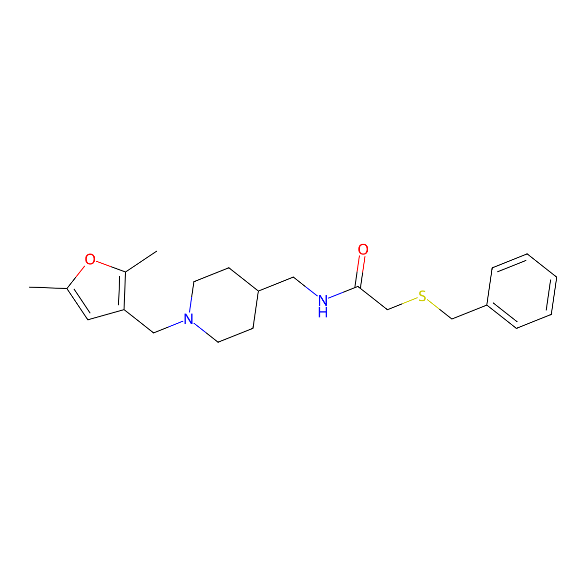 2-(benzylthio)-N-((1-((2,5-dimethylfuran-3-yl)methyl)piperidin-4-yl)methyl)acetamide molecular structure, CAS 1235113-80-0