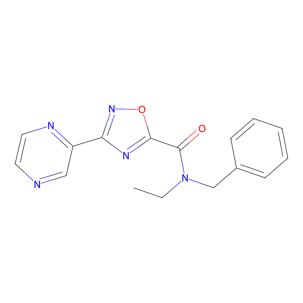 N-benzyl-N-ethyl-3-(pyrazin-2-yl)-1,2,4-oxadiazole-5-carboxamide molecular structure, CAS 1235115-98-6