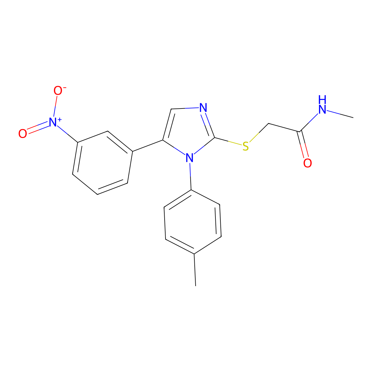N-methyl-2-((5-(3-nitrophenyl)-1-(p-tolyl)-1H-imidazol-2-yl)thio)acetamide molecular structure, CAS 1235116-17-2