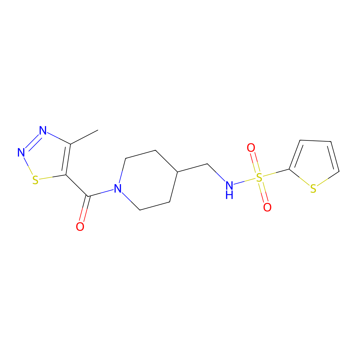 N-((1-(4-methyl-1,2,3-thiadiazole-5-carbonyl)piperidin-4-yl)methyl)thiophene-2-sulfonamide molecular structure, CAS 1235117-03-9