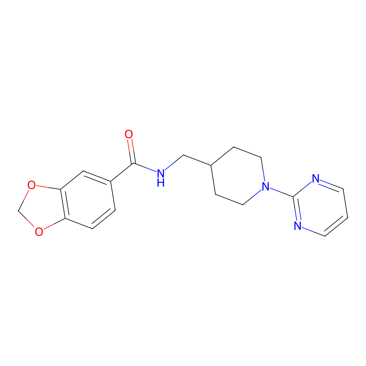 N-((1-(pyrimidin-2-yl)piperidin-4-yl)methyl)benzo[d][1,3]dioxole-5-carboxamide molecular structure, CAS 1235118-34-9