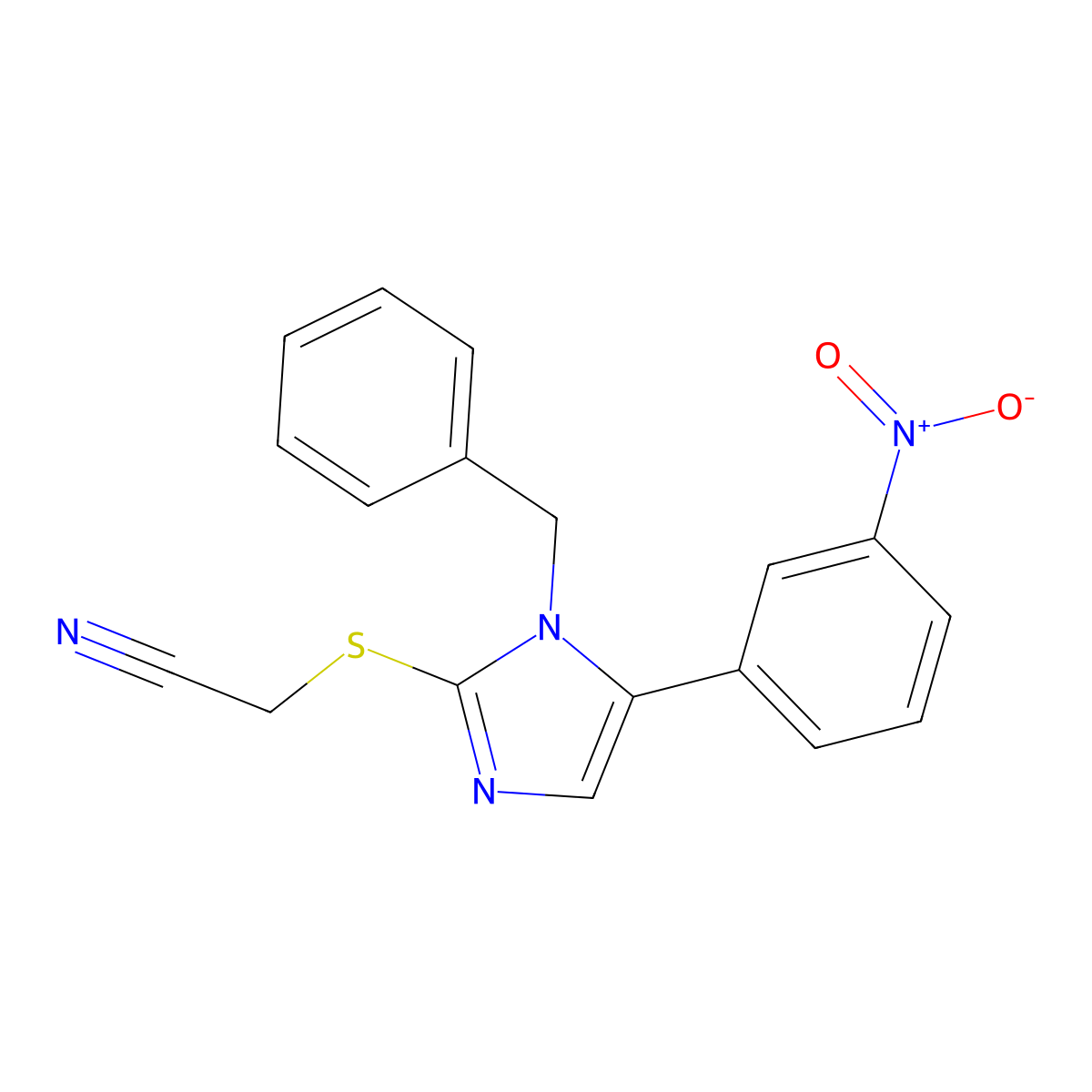 2-((1-benzyl-5-(3-nitrophenyl)-1H-imidazol-2-yl)thio)acetonitrile molecular structure, CAS 1235118-56-5