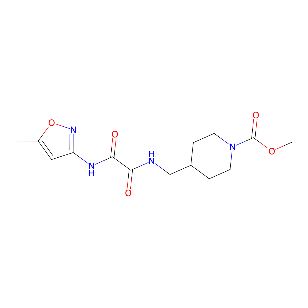 Methyl 4-((2-((5-methylisoxazol-3-yl)amino)-2-oxoacetamido)methyl)piperidine-1-carboxylate molecular structure, CAS 1235121-41-1