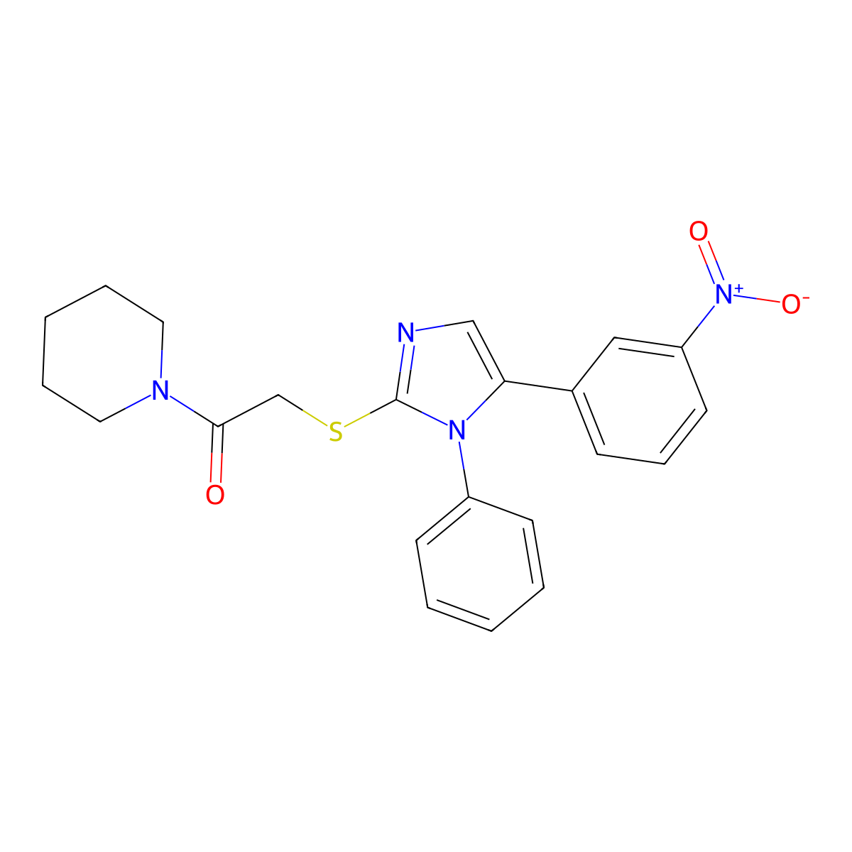 2-((5-(3-nitrophenyl)-1-phenyl-1H-imidazol-2-yl)thio)-1-(piperidin-1-yl)ethanone molecular structure, CAS 1235121-76-2