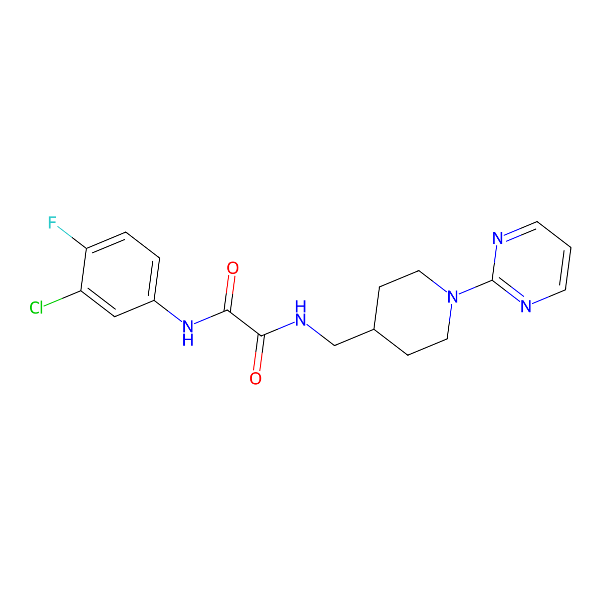 N1-(3-chloro-4-fluorophenyl)-N2-((1-(pyrimidin-2-yl)piperidin-4-yl)methyl)oxalamide molecular structure, CAS 1235123-73-5