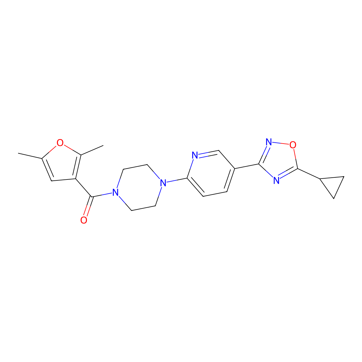 (4-(5-(5-Cyclopropyl-1,2,4-oxadiazol-3-yl)pyridin-2-yl)piperazin-1-yl)(2,5-dimethylfuran-3-yl)methanone molecular structure, CAS 1235135-88-2