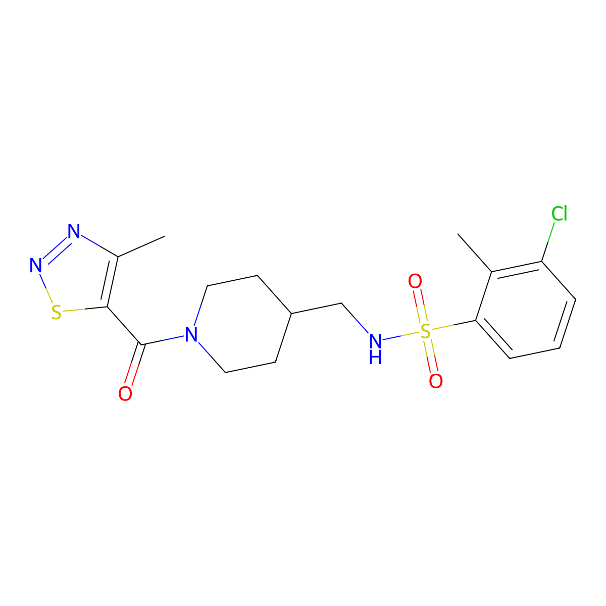 3-chloro-2-methyl-N-{[1-(4-methyl-1,2,3-thiadiazole-5-carbonyl)piperidin-4-yl]methyl}benzene-1-sulfonamide molecular structure, CAS 1235136-87-4
