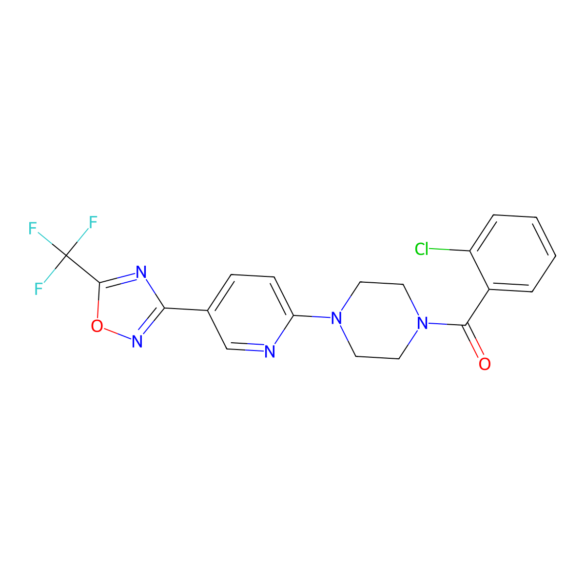 (2-Chlorophenyl)(4-(5-(5-(trifluoromethyl)-1,2,4-oxadiazol-3-yl)pyridin-2-yl)piperazin-1-yl)methanone molecular structure, CAS 1235137-49-1